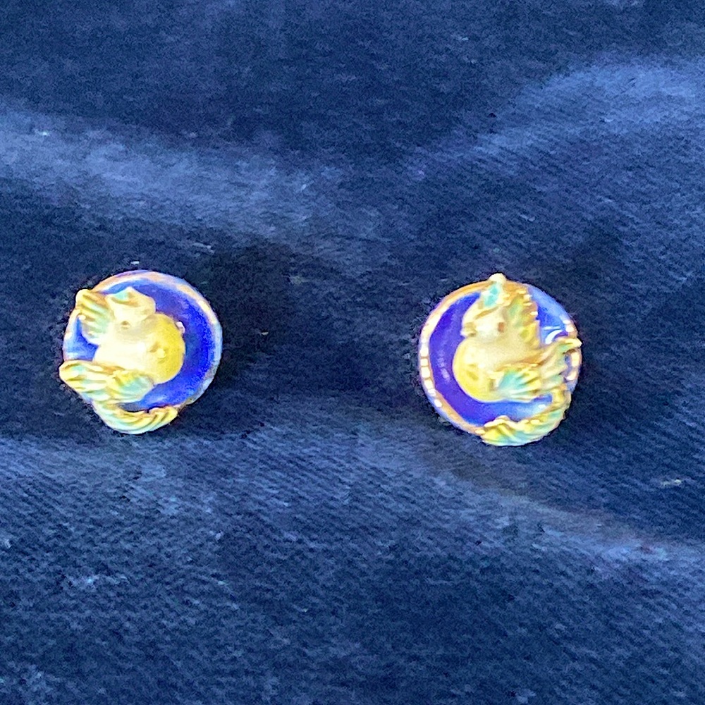 1950’s Avant-garde Ceramic Blue, Gold, and Yellow Bird Screw-back Earrings